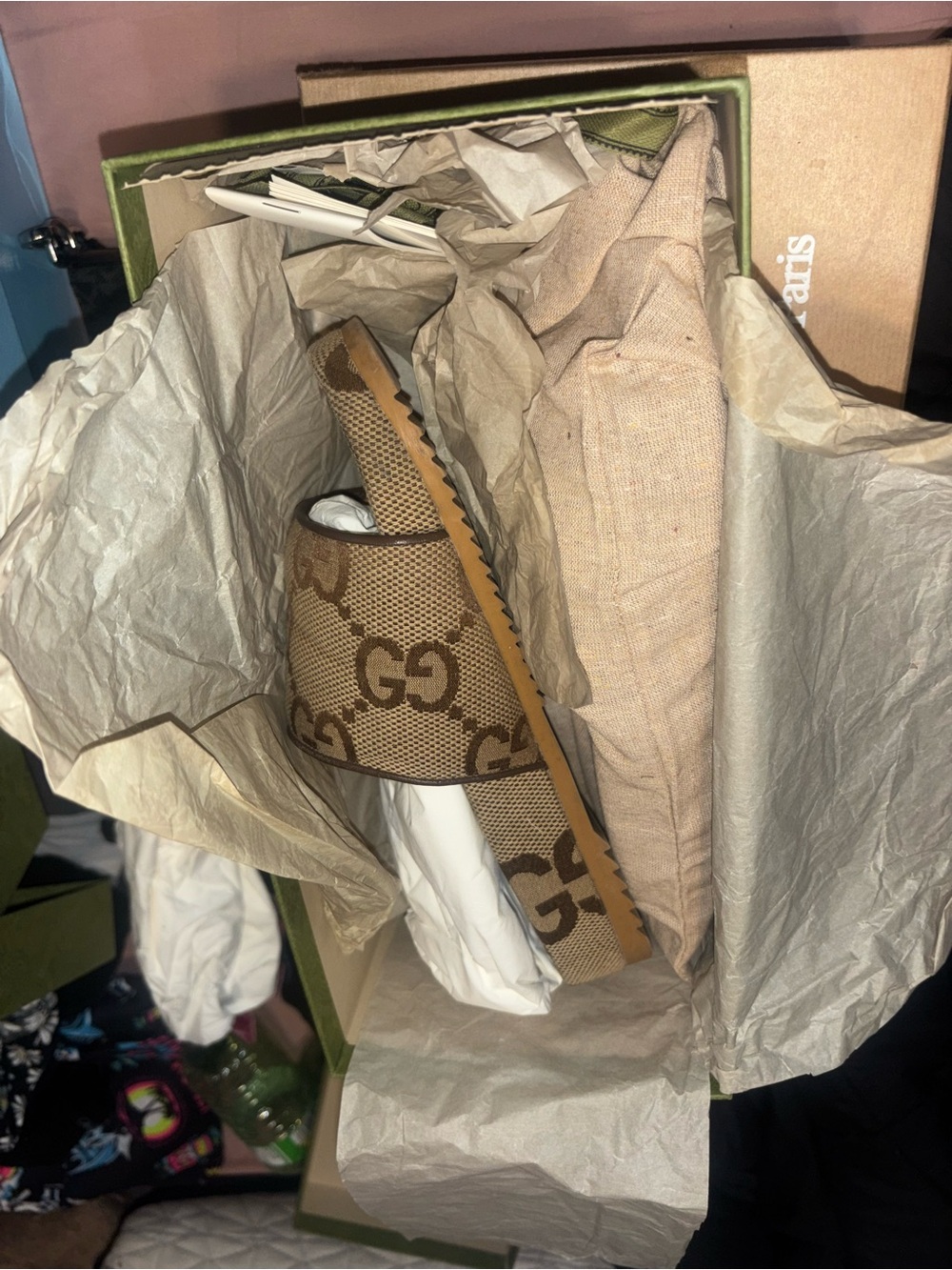Gucci Tan Brown GG Canvas Slide Sandals
